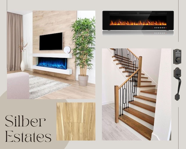 stairway with a fireplace and hardwood / wood-style floors