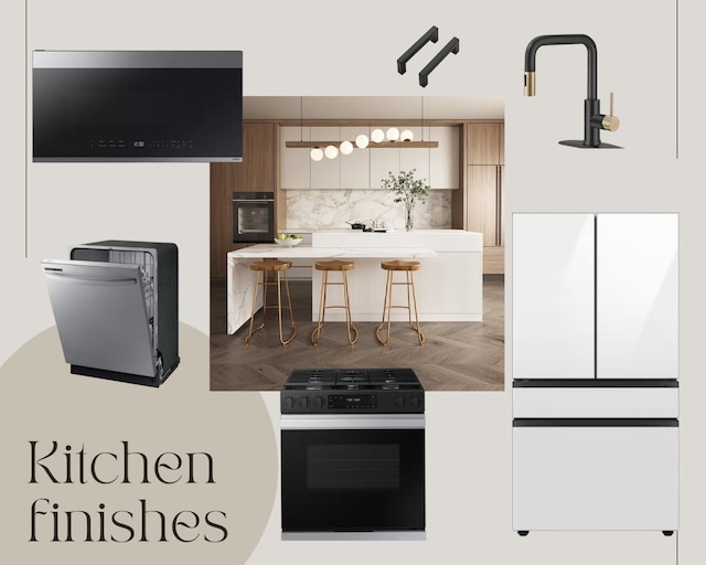 kitchen featuring backsplash, dark parquet floors, black appliances, white cabinetry, and a breakfast bar area