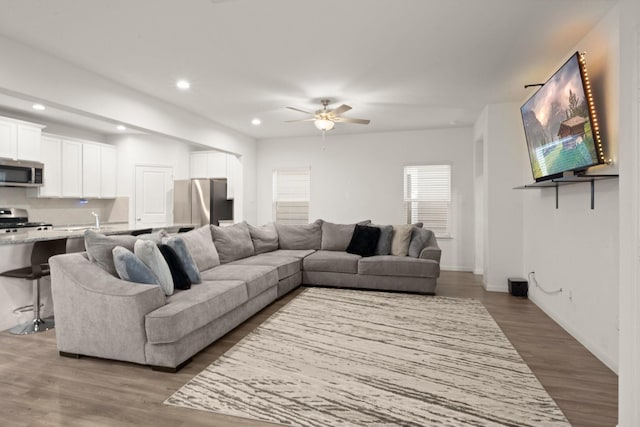 living room with ceiling fan, hardwood / wood-style floors, and sink