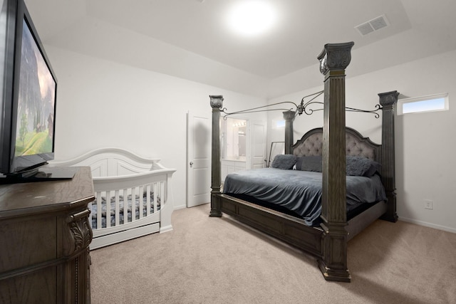 carpeted bedroom featuring a raised ceiling