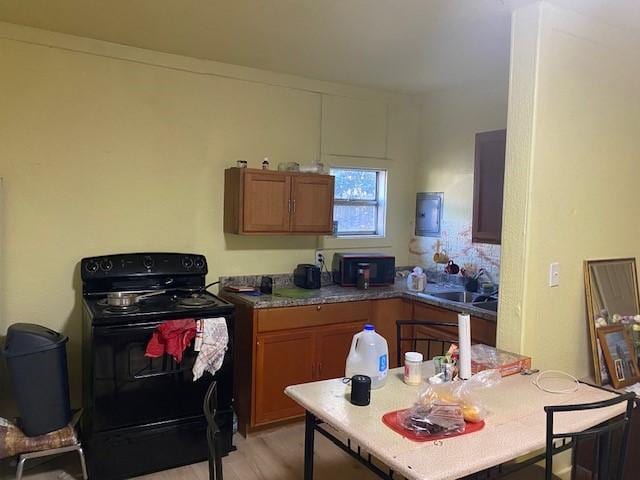 kitchen with light hardwood / wood-style floors, black range with electric stovetop, and sink