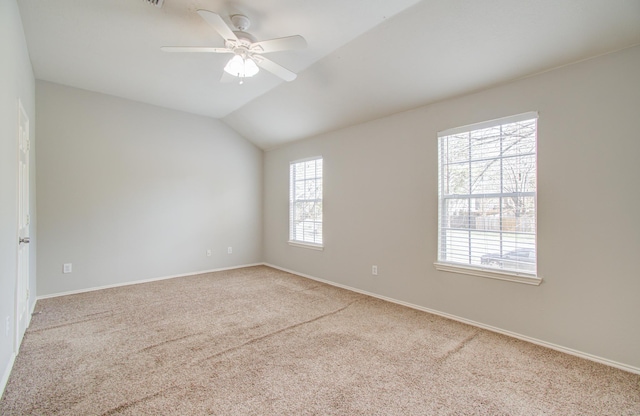 unfurnished room with ceiling fan, carpet floors, a healthy amount of sunlight, and vaulted ceiling