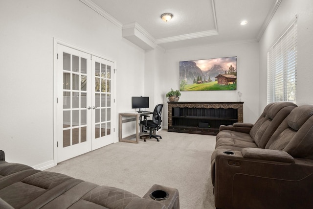 carpeted office space featuring french doors and crown molding