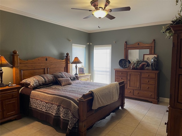 tiled bedroom featuring ceiling fan and ornamental molding