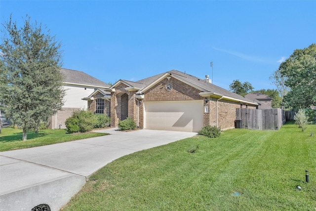 single story home featuring a front yard and a garage