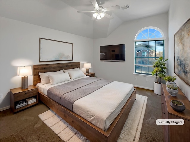 carpeted bedroom featuring ceiling fan and lofted ceiling