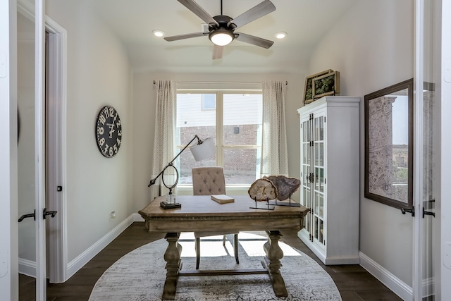 office space featuring french doors, dark hardwood / wood-style floors, and ceiling fan