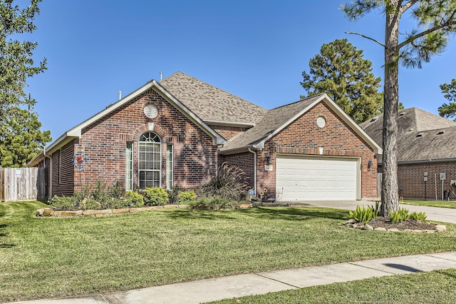 view of front of property featuring an attached garage, a front yard, concrete driveway, and brick siding