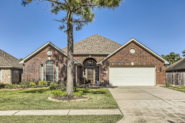 view of front of house featuring a front lawn and a garage