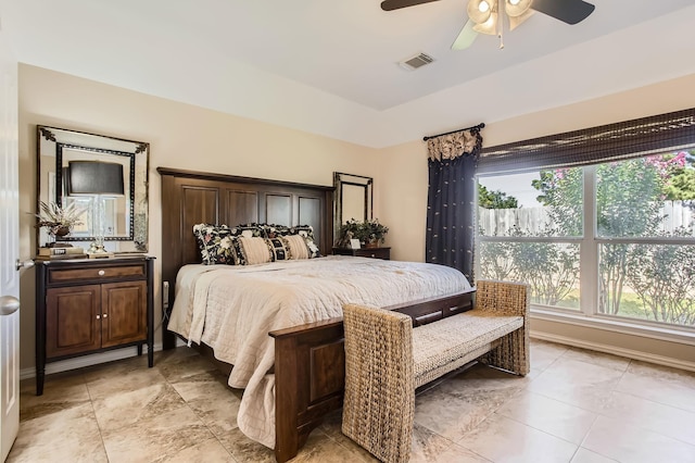 bedroom featuring baseboards, visible vents, and a ceiling fan