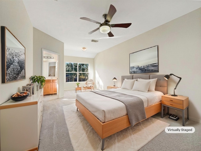 carpeted bedroom featuring ceiling fan