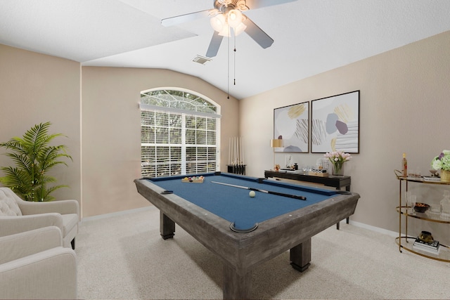 game room with light carpet, ceiling fan, lofted ceiling, and pool table