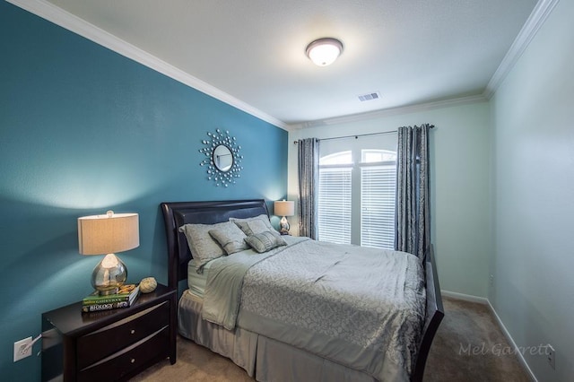 carpeted bedroom featuring ornamental molding