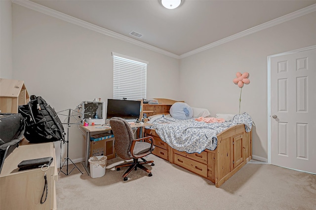 carpeted bedroom featuring crown molding