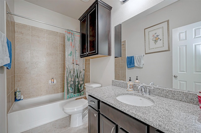 full bathroom featuring toilet, vanity, tile patterned flooring, and shower / bath combination with curtain