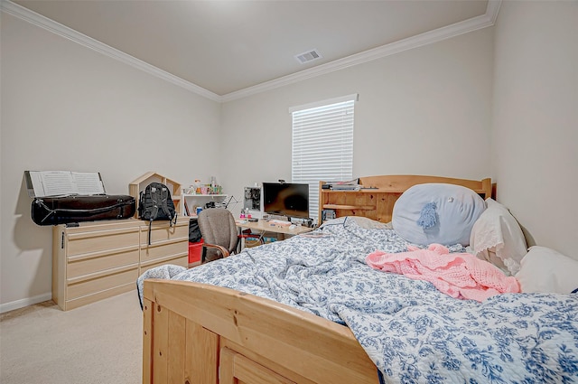 bedroom featuring light carpet and crown molding