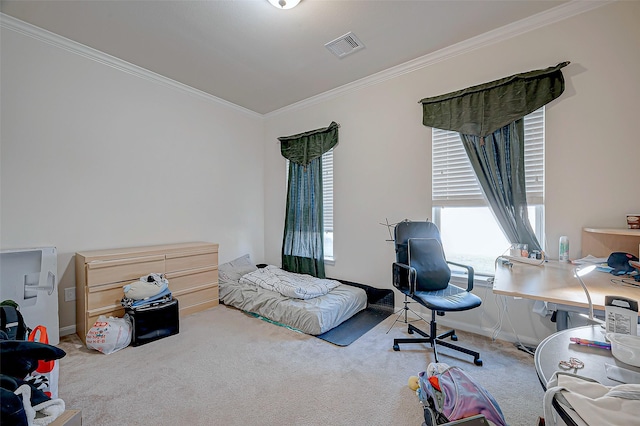 bedroom with carpet flooring, multiple windows, and crown molding