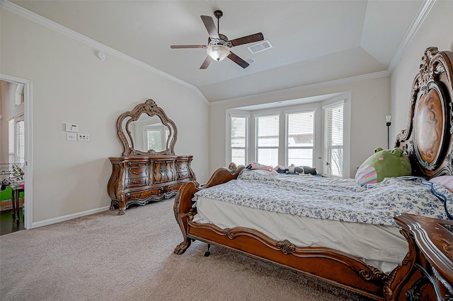 carpeted bedroom with vaulted ceiling, ceiling fan, crown molding, and access to exterior