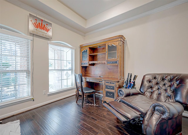 home office with dark wood-type flooring and a raised ceiling