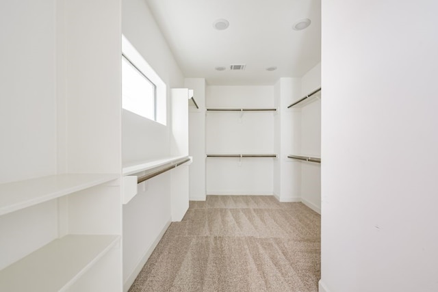 walk in closet with light carpet