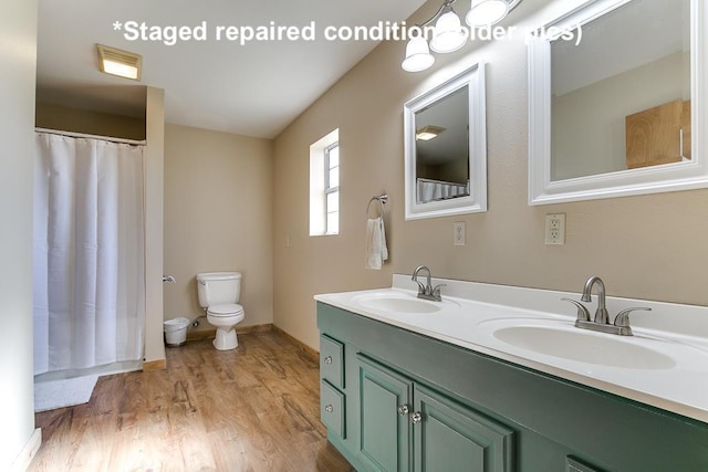 bathroom with toilet, vanity, and wood-type flooring