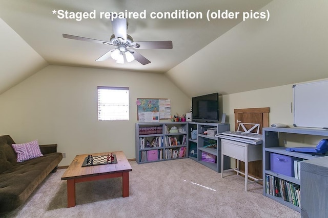 playroom featuring light carpet, lofted ceiling, and ceiling fan