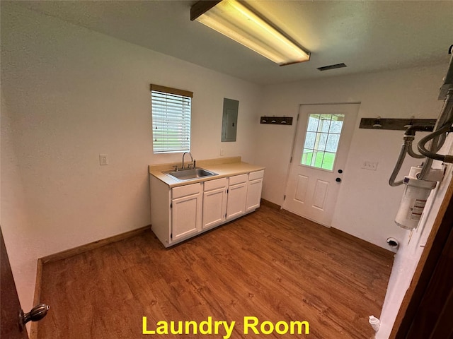 interior space with sink, electric panel, and light wood-type flooring