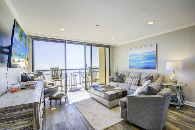 living room featuring a water view, a wall of windows, ornamental molding, and dark wood-type flooring