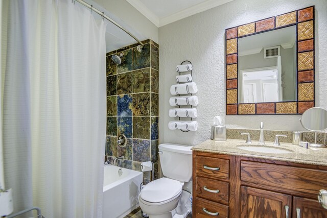 full bathroom featuring shower / bath combo with shower curtain, vanity, toilet, and crown molding