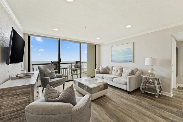 5220 Seawall Blvd Unit 1536/37, Galveston, TX 77551 - living area with wood finished floors, ornamental molding, recessed lighting, expansive windows, and a textured wall