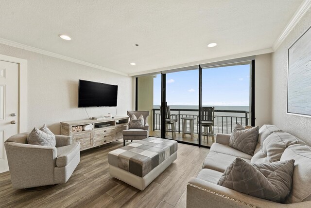 5220 Seawall Blvd Unit 1536/37, Galveston, TX 77551 - living room featuring crown molding, wood finished floors, expansive windows, and recessed lighting
