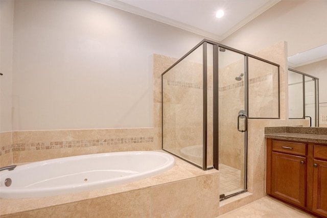 bathroom featuring tile patterned floors, vanity, independent shower and bath, and crown molding