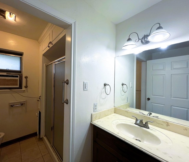 bathroom with vanity, tile patterned flooring, cooling unit, and a shower with shower door