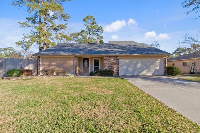 ranch-style house with a garage and a front yard