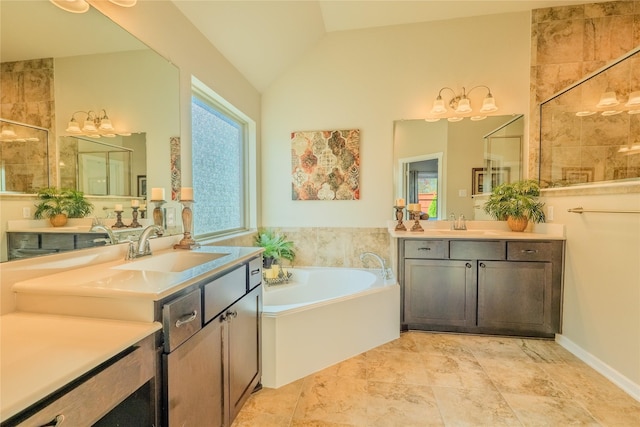 bathroom with vanity, plus walk in shower, and vaulted ceiling