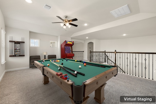 playroom featuring ceiling fan, carpet floors, pool table, and lofted ceiling