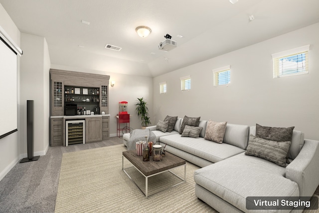 living room with bar and wine cooler