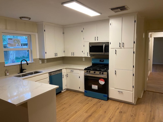 kitchen with white cabinets, tasteful backsplash, gas stove, sink, and dishwasher