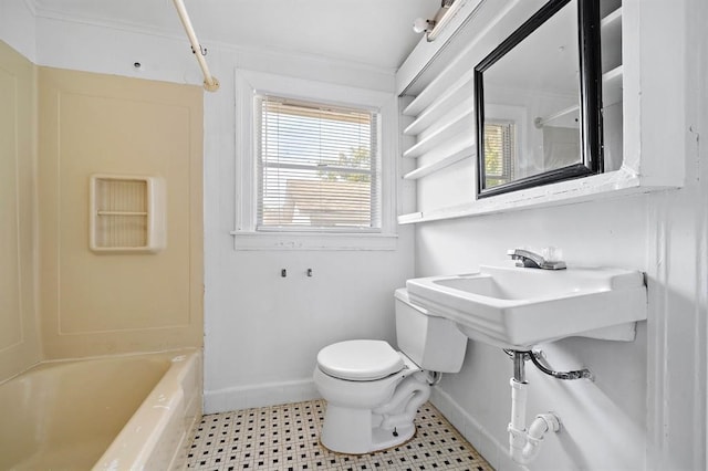 full bathroom with  shower combination, toilet, ornamental molding, and sink