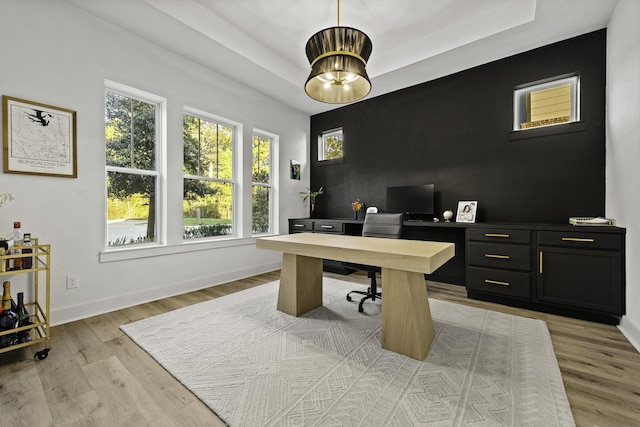 office with light wood-type flooring and a tray ceiling