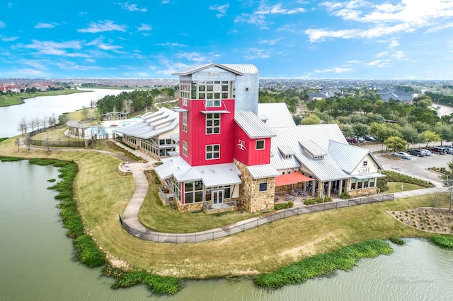 drone / aerial view with a water view