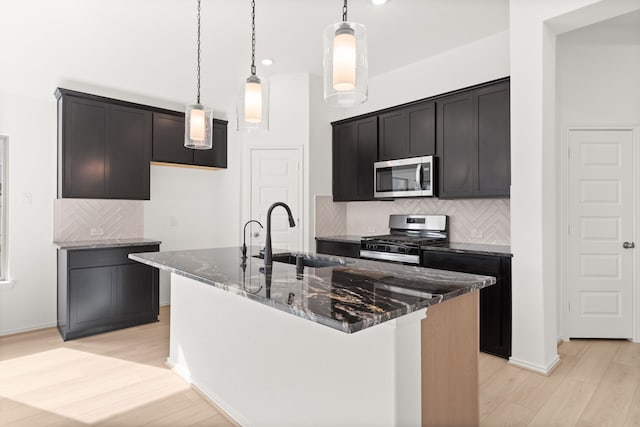 kitchen featuring decorative backsplash, stainless steel appliances, a kitchen island with sink, sink, and light hardwood / wood-style flooring