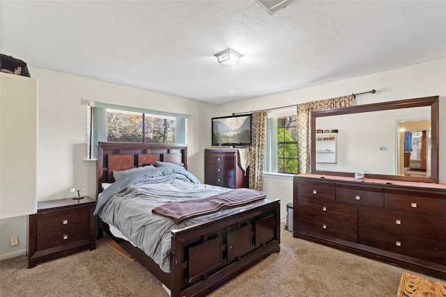 bedroom with multiple windows, light carpet, and a textured ceiling