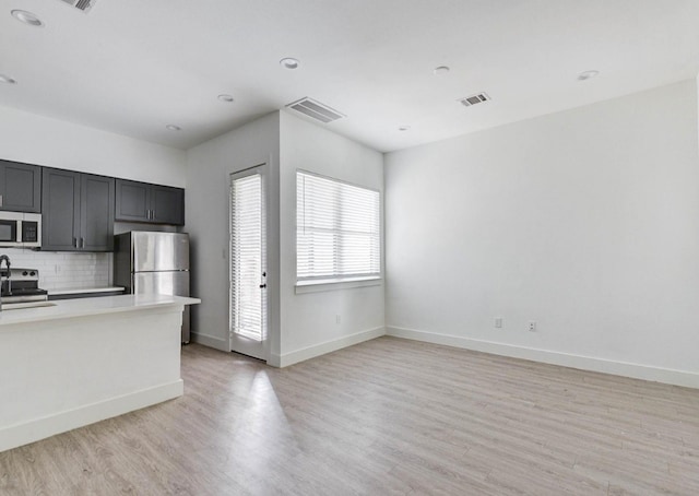 kitchen featuring light hardwood / wood-style flooring, stainless steel appliances, and tasteful backsplash