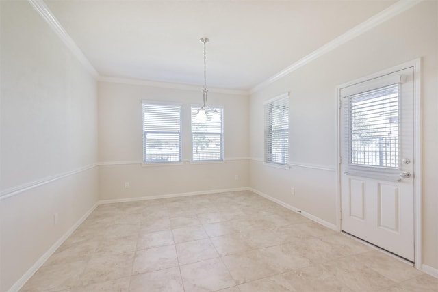 unfurnished room with light tile patterned floors and ornamental molding