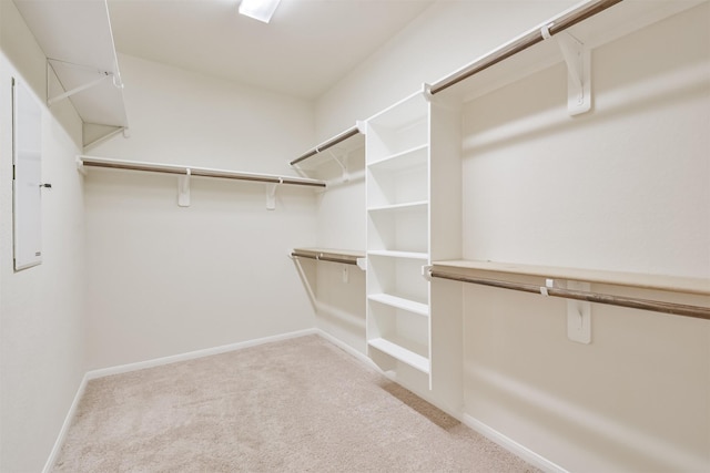 walk in closet featuring light carpet