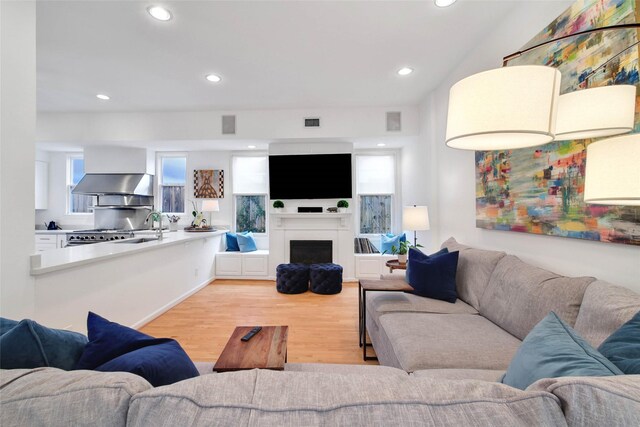 living room featuring sink and light hardwood / wood-style flooring