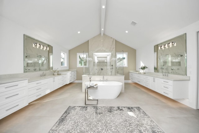 bathroom with vanity, shower with separate bathtub, vaulted ceiling with beams, and tile patterned floors