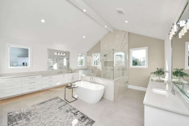 bathroom with tile patterned floors, lofted ceiling with beams, shower with separate bathtub, and vanity