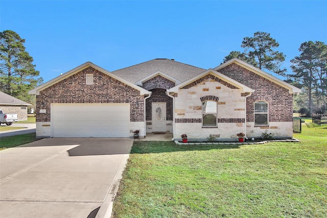 view of front of property with a front yard and a garage